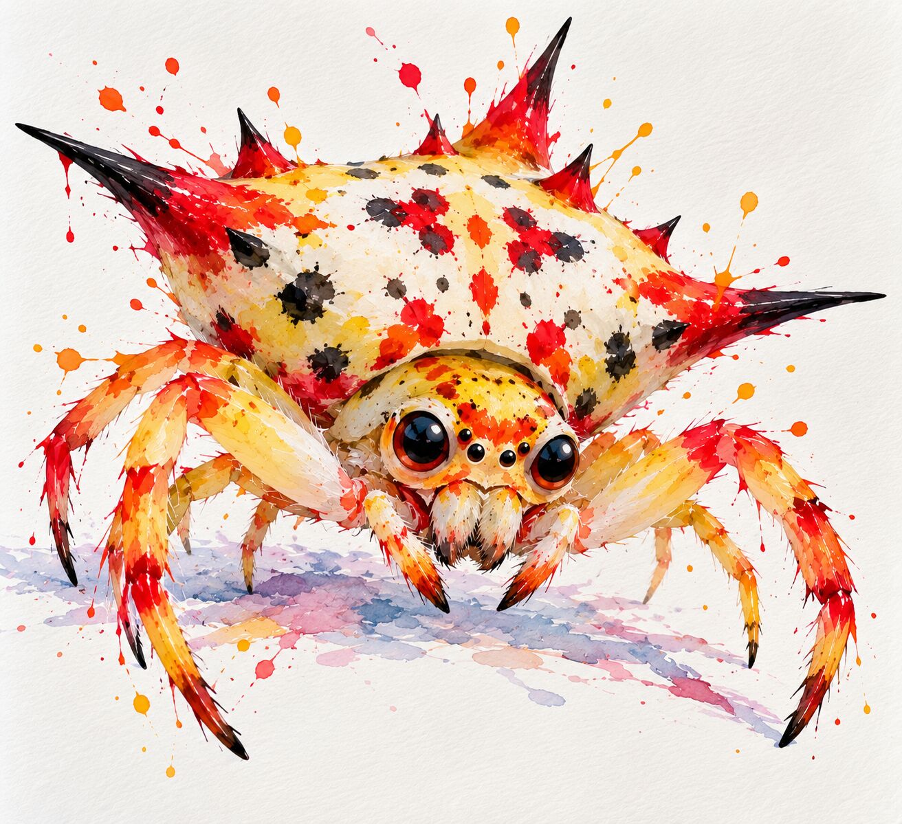 Florida wildlife watercolor by XZanthia — a splashy big-eyed spiny crab-spider (piece 6 of 24)