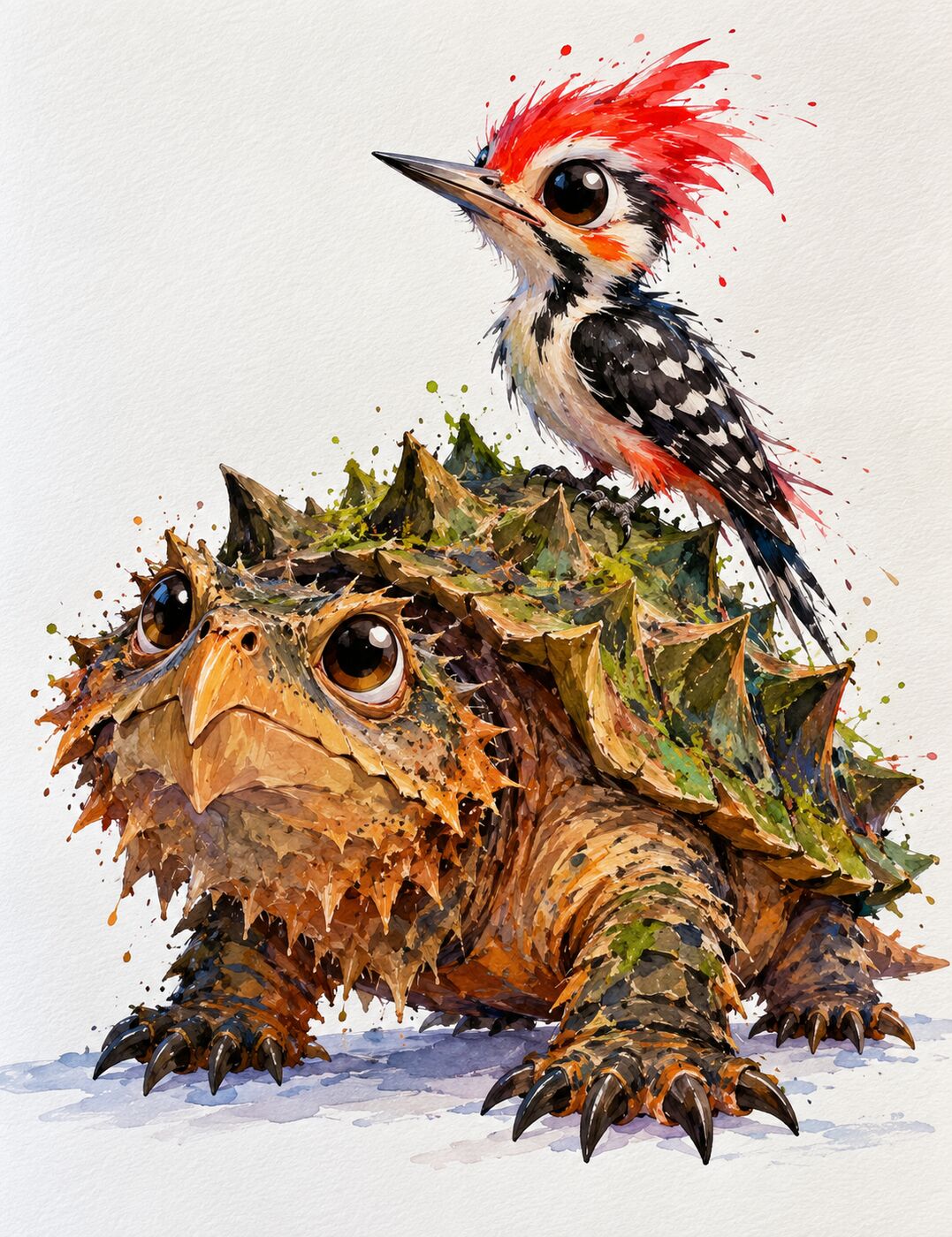 Florida wildlife watercolor by XZanthia — a splashy big-eyed woodpecker riding a snapping turtle (piece 2 of 24)
