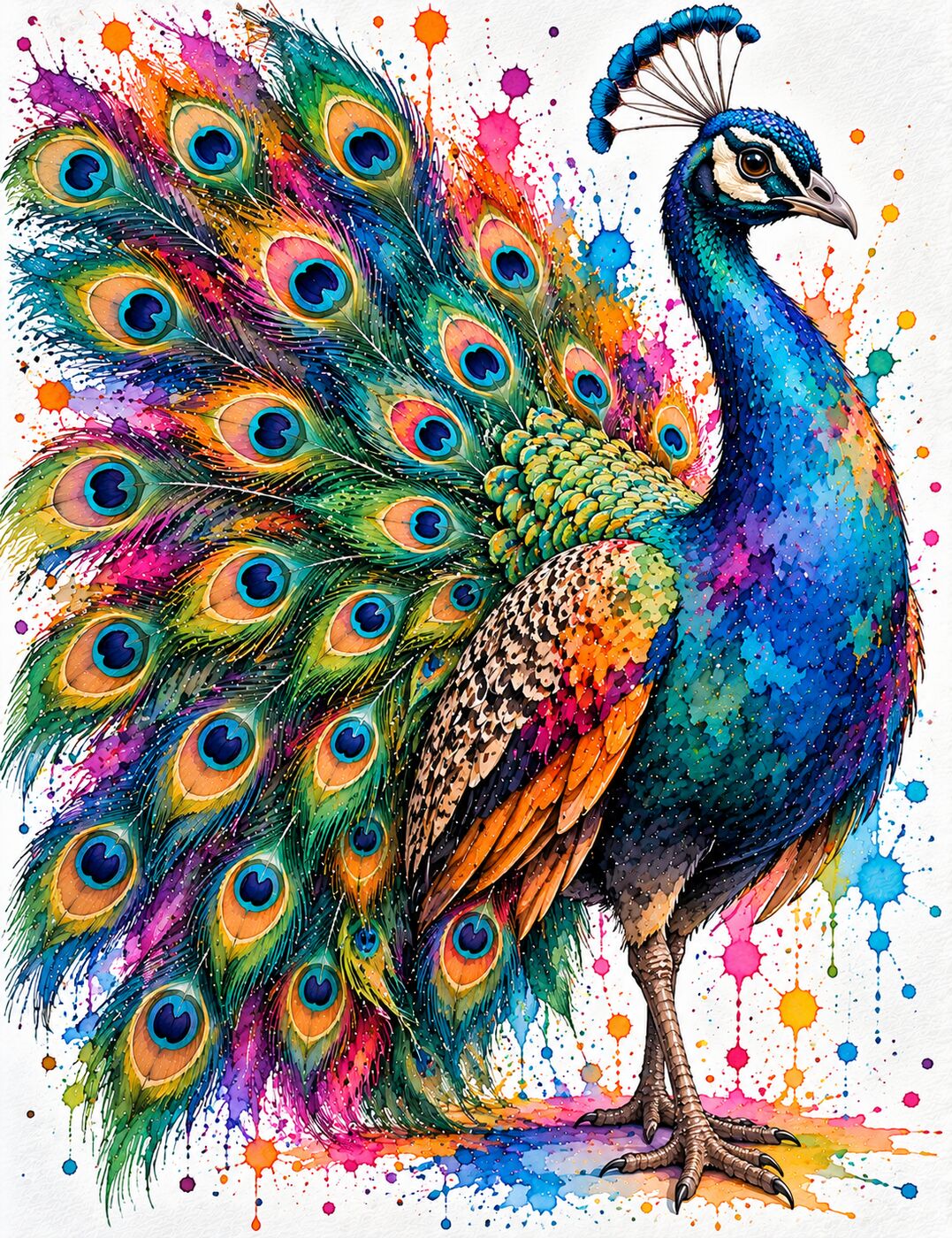 Florida wildlife watercolor by XZanthia — a splashy big-eyed peacock (piece 4 of 24)