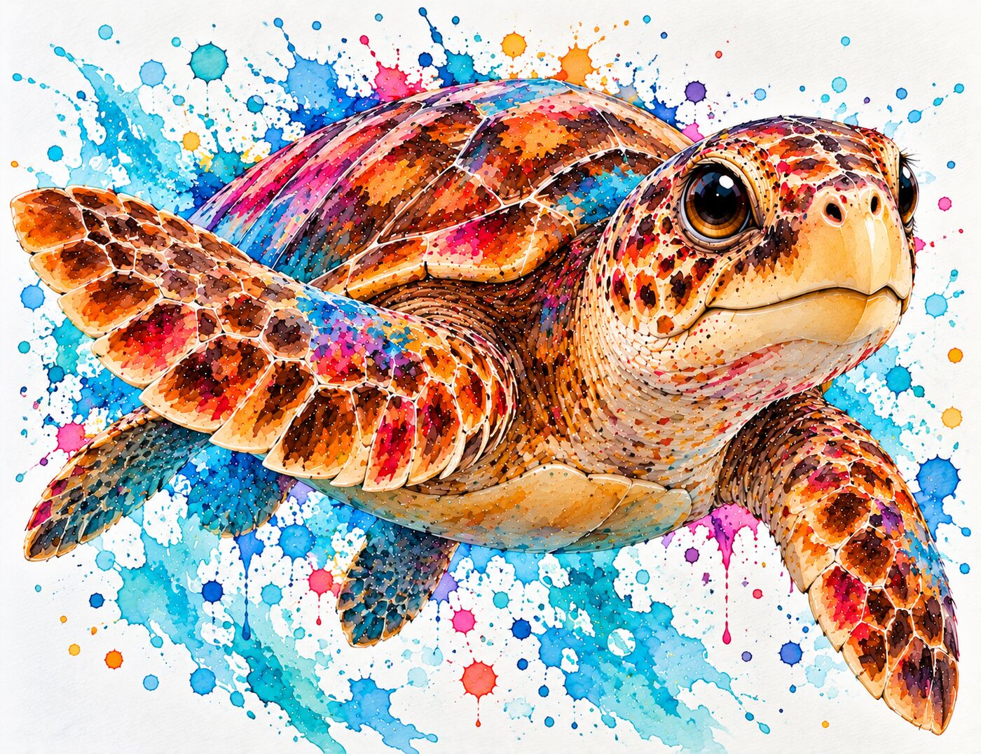 Watercolor sea turtle by XZanthia swimming through splashes of blue
