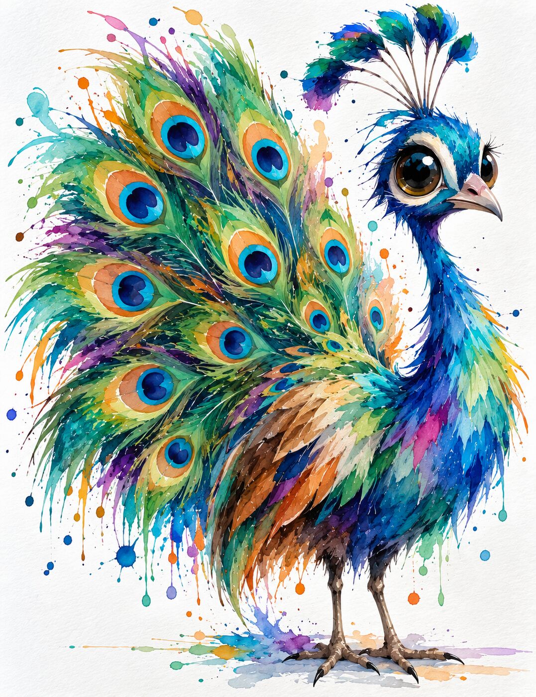 Florida wildlife watercolor by XZanthia — a splashy big-eyed peacock (piece 7 of 24)