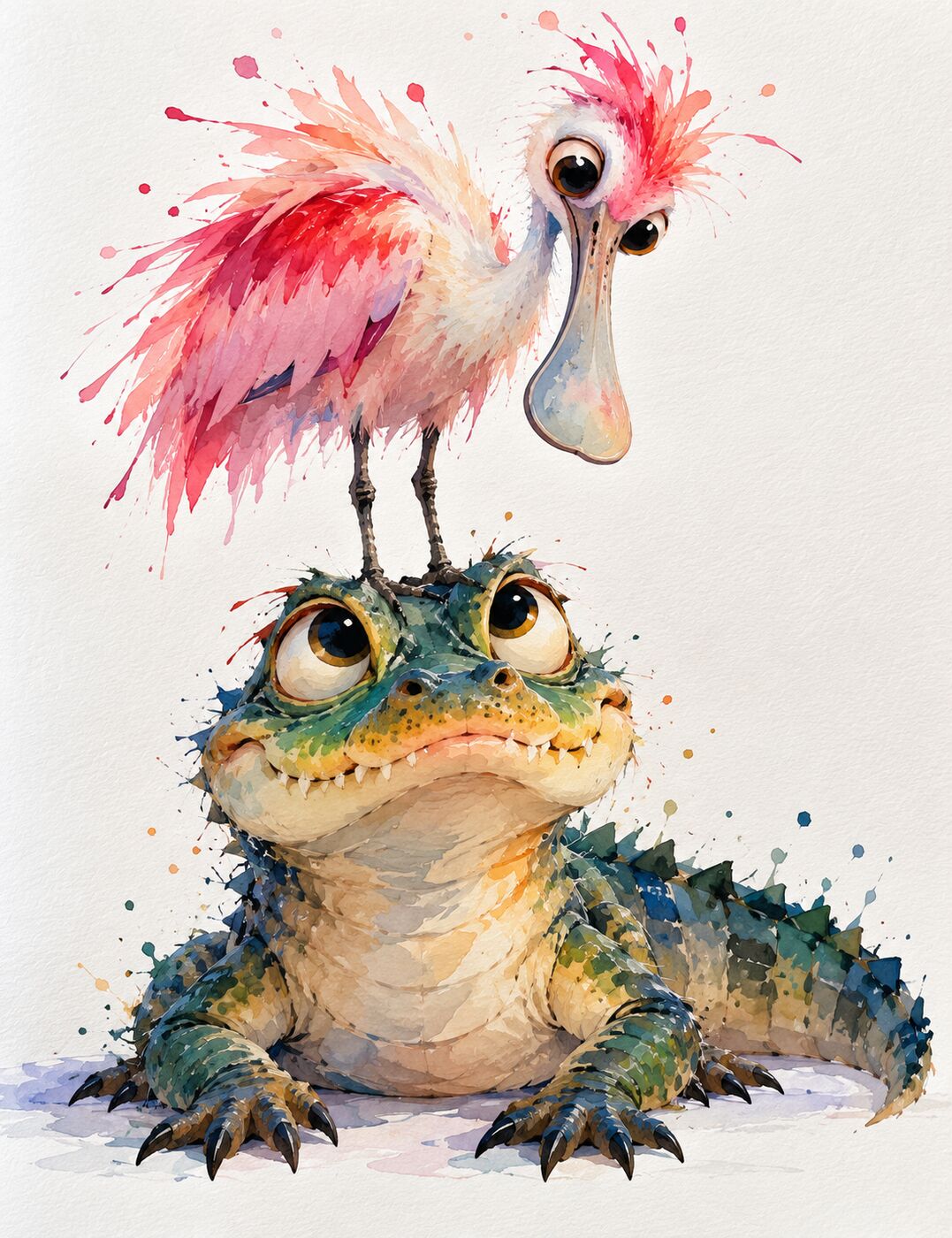 Florida wildlife watercolor by XZanthia — a splashy big-eyed roseate spoonbill perched on an alligator (piece 17 of 24)