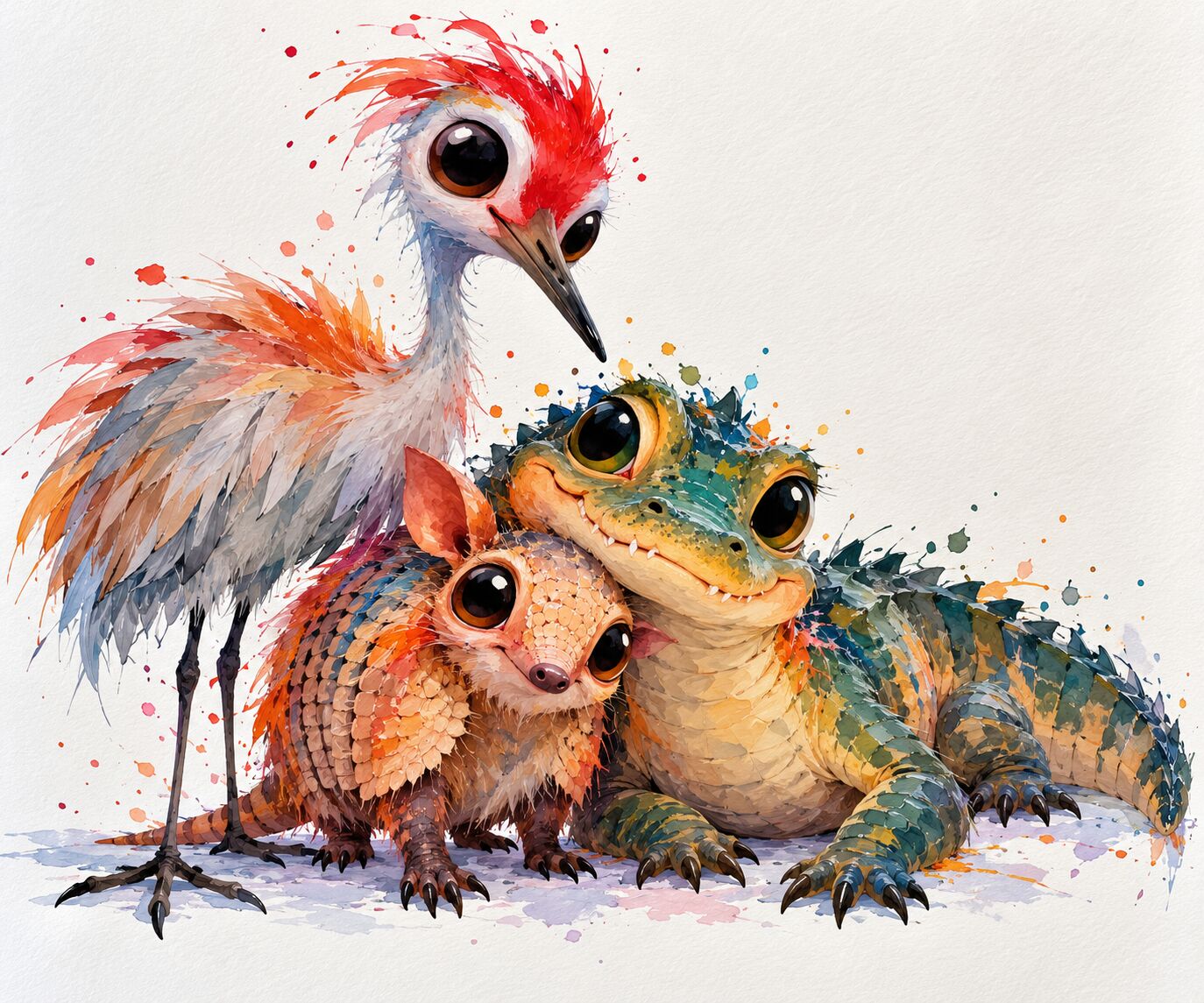 Florida wildlife watercolor by XZanthia — a splashy big-eyed sandhill crane with a baby armadillo and alligator (piece 20 of 24)