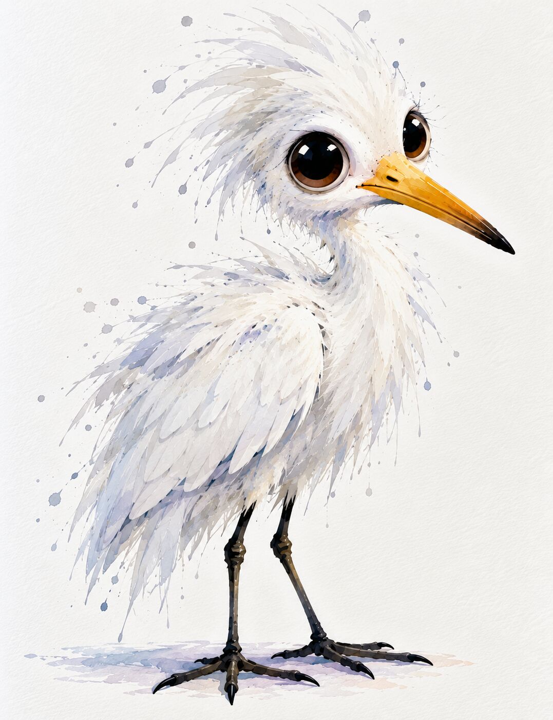 Florida wildlife watercolor by XZanthia — a splashy big-eyed snowy egret (piece 16 of 24)