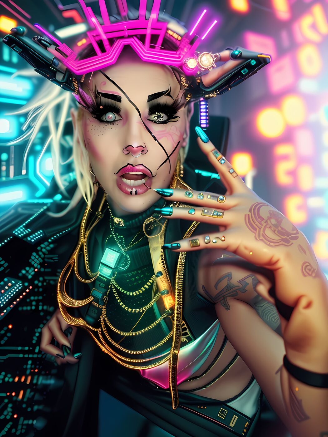 XZanthia in neon cyber-glam makeup with a glowing visor