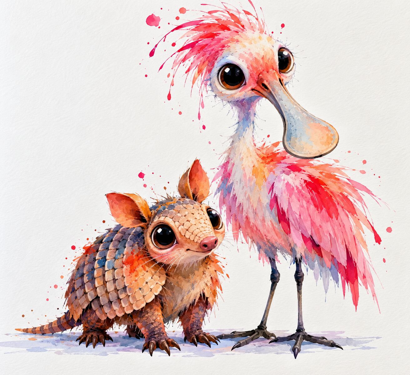Florida wildlife watercolor by XZanthia — a splashy big-eyed roseate spoonbill and baby armadillo (piece 21 of 24)