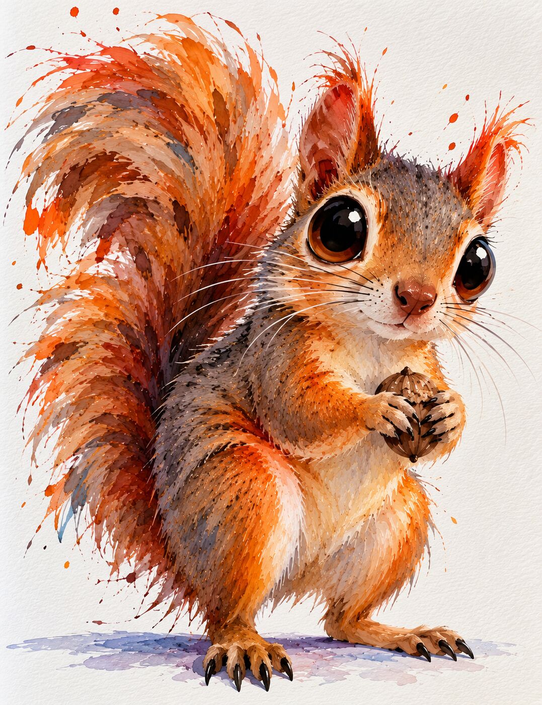 Florida wildlife watercolor by XZanthia — a splashy big-eyed squirrel holding an acorn (piece 22 of 24)