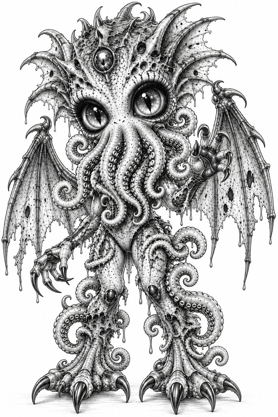 Graphite pencil horror character by XZanthia — a big-eyed Cthulhu drawn creepy-cute (piece 1 of 12)