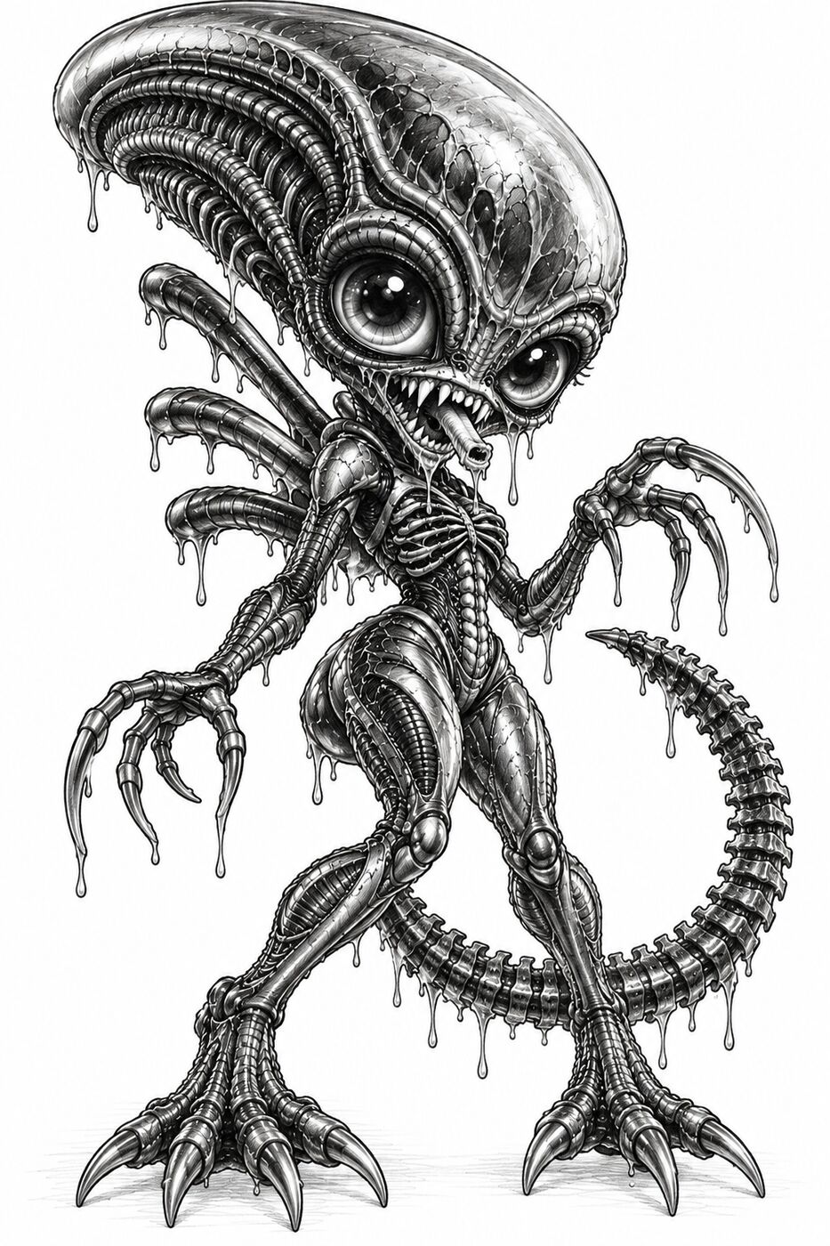 Graphite pencil horror character by XZanthia — a big-eyed xenomorph drawn creepy-cute (piece 2 of 12)