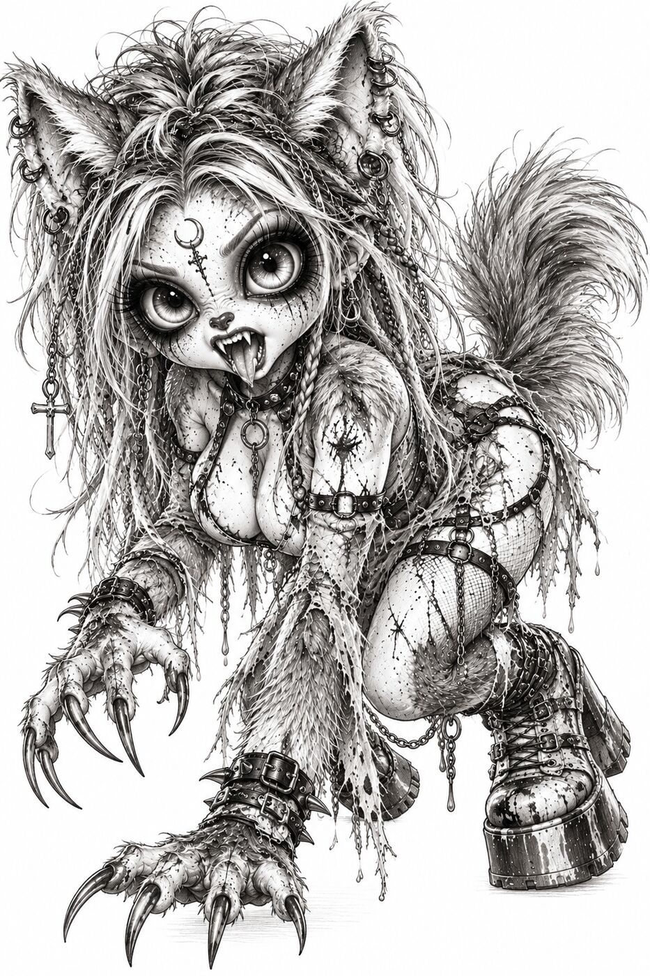 Graphite pencil horror character by XZanthia — a werewolf girl drawn creepy-cute (piece 3 of 12)