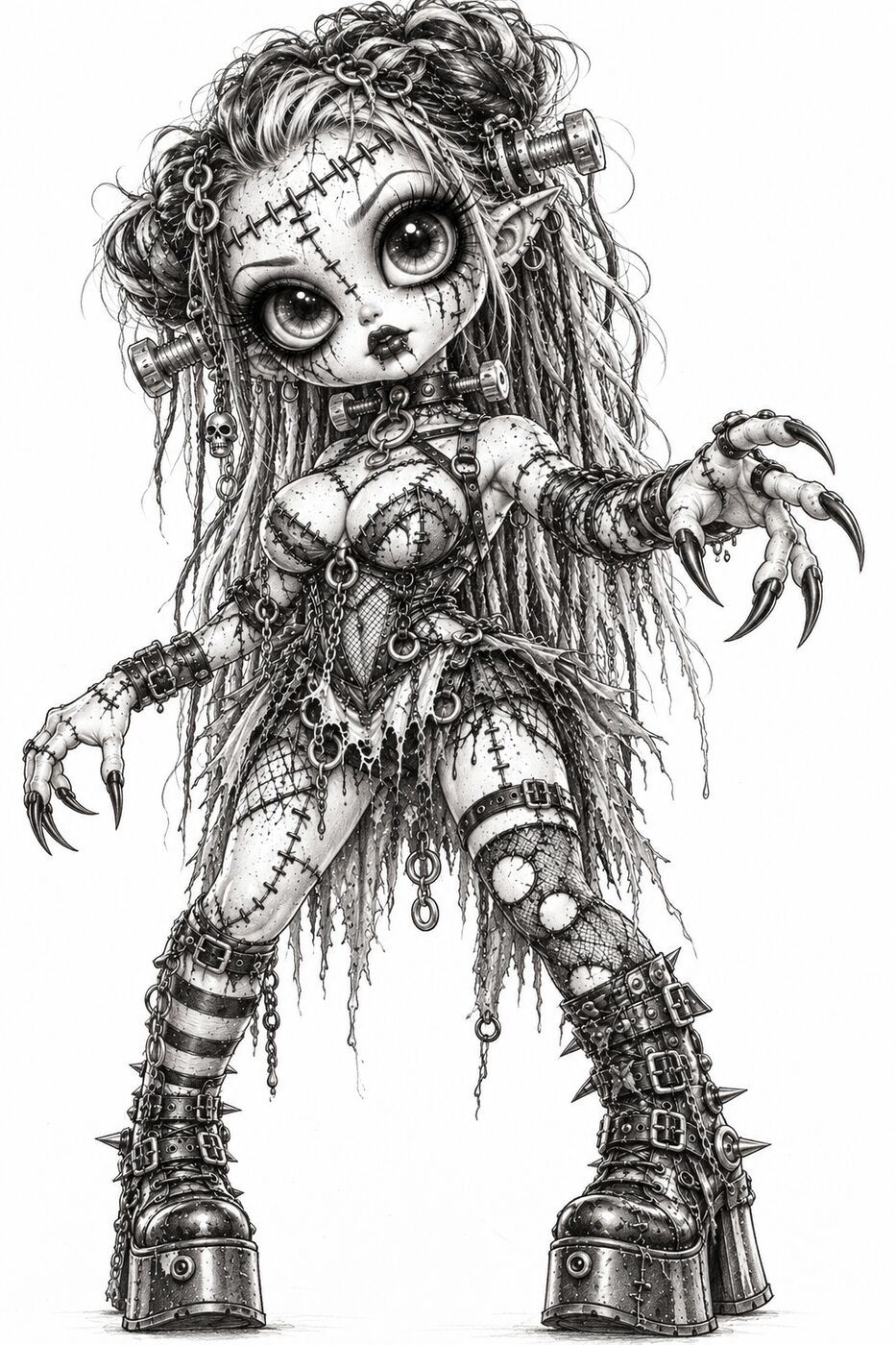 Graphite pencil horror character by XZanthia — a zombie girl in platform boots drawn creepy-cute (piece 5 of 12)