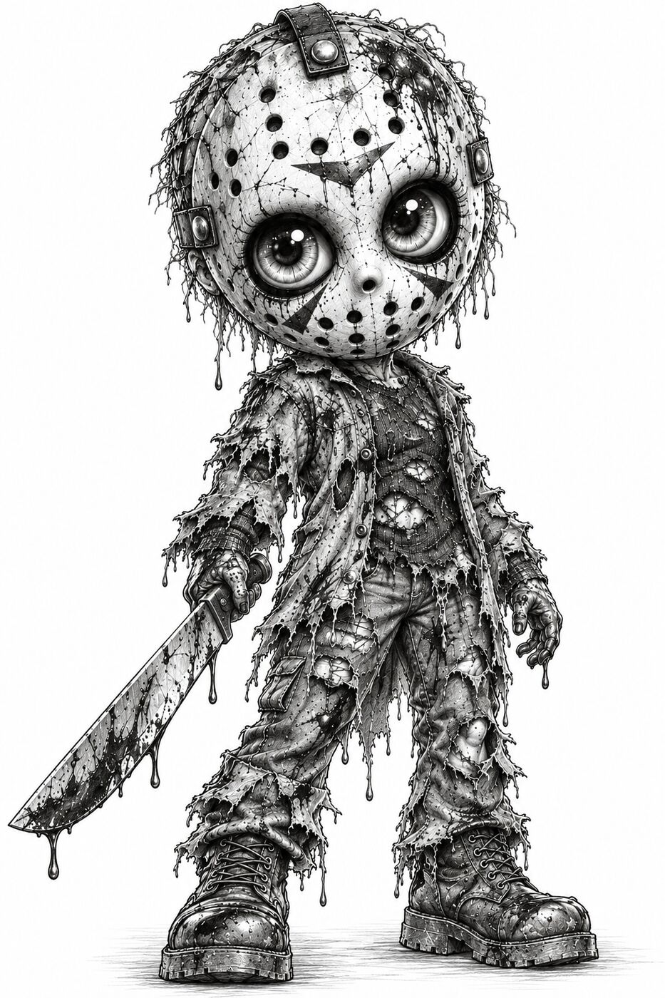 Graphite pencil horror character by XZanthia — a Jason-style hockey-mask slasher drawn creepy-cute (piece 6 of 12)