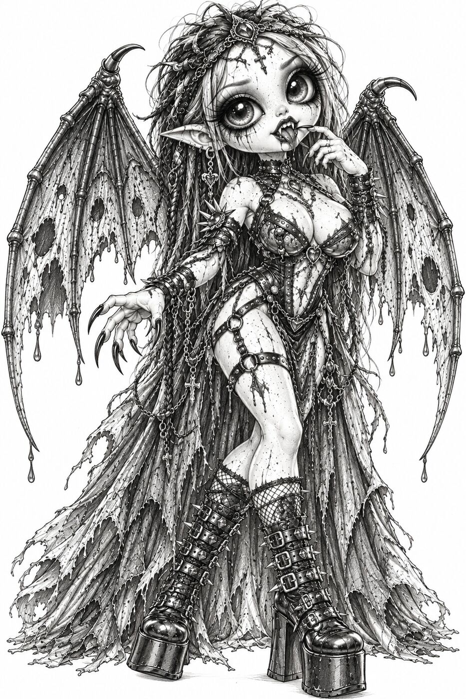 Graphite pencil horror character by XZanthia — a winged vampire girl drawn creepy-cute (piece 7 of 12)