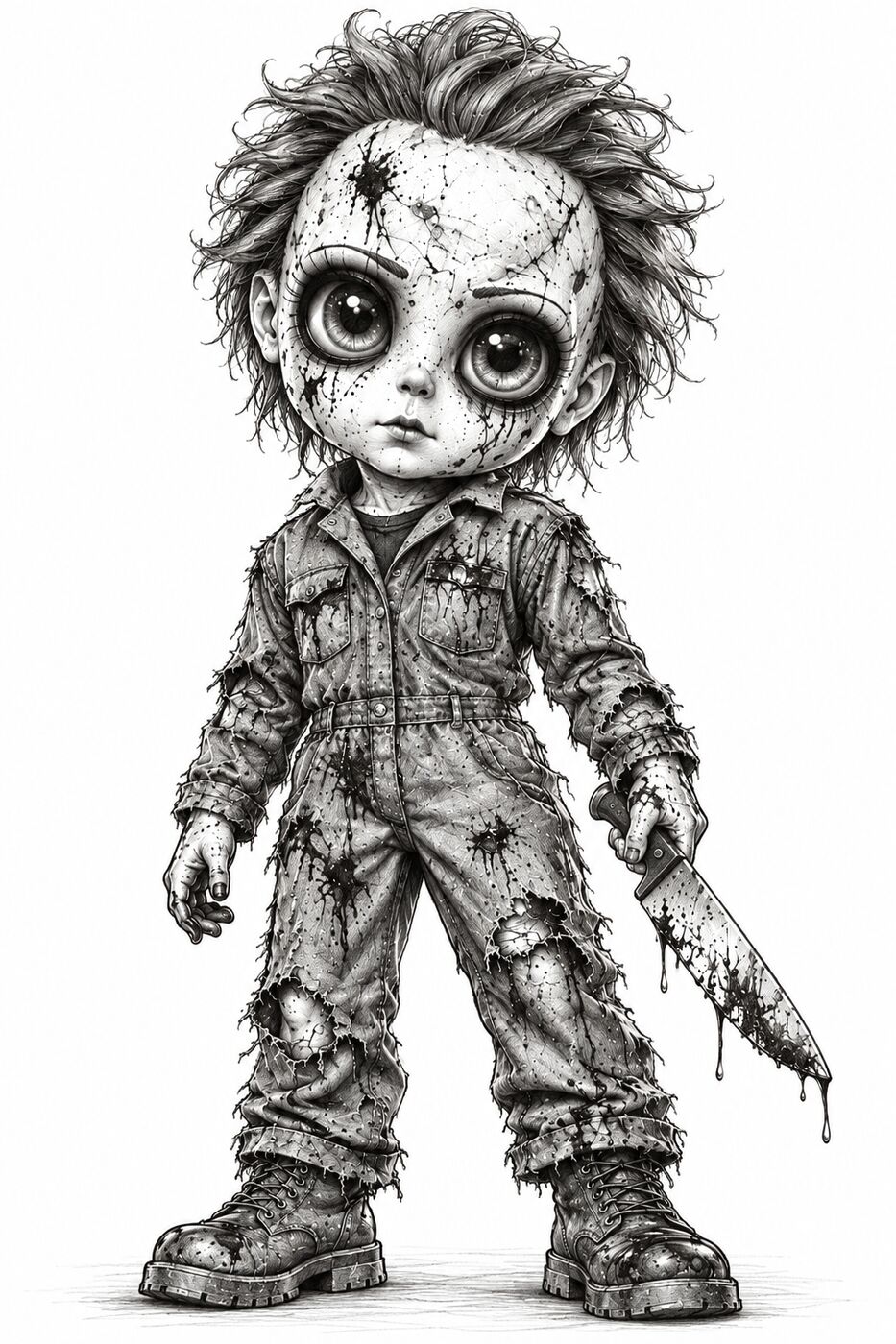 Graphite pencil horror character by XZanthia — a jumpsuit slasher doll drawn creepy-cute (piece 10 of 12)