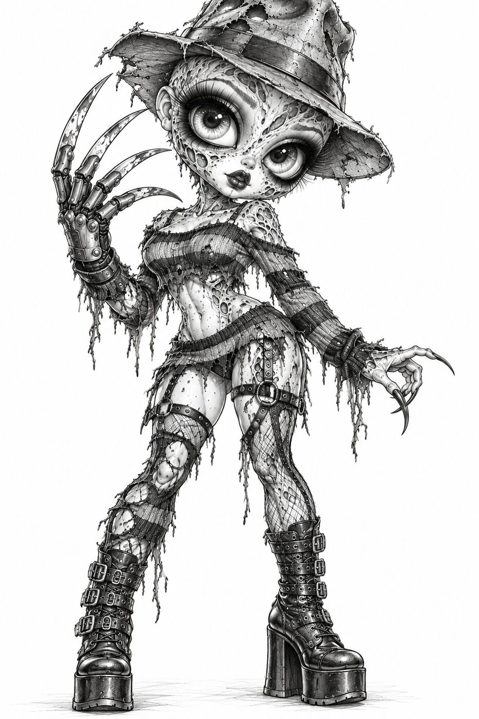 Graphite pencil horror character by XZanthia — a Freddy-style clawed dream demon drawn creepy-cute (piece 11 of 12)
