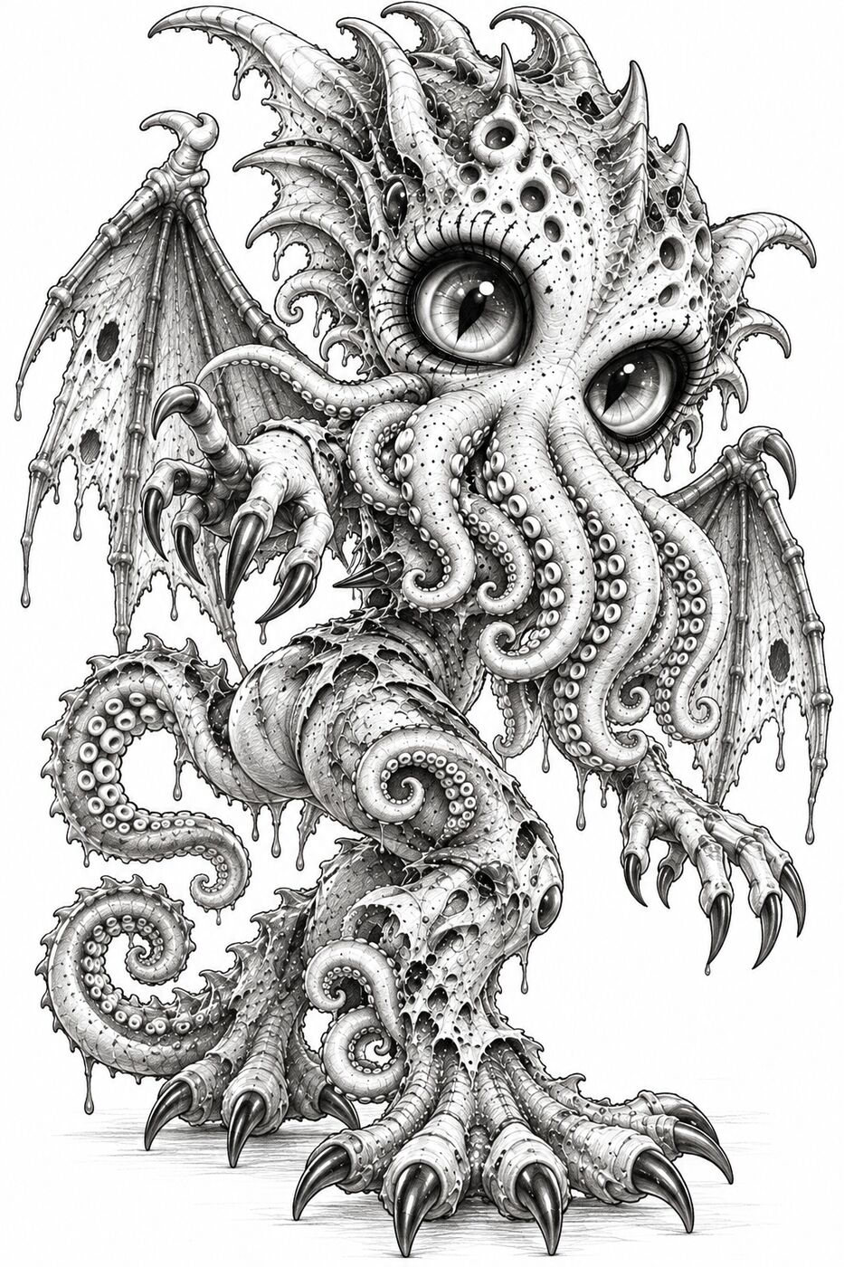Graphite pencil horror character by XZanthia — a winged Cthulhu drawn creepy-cute (piece 12 of 12)